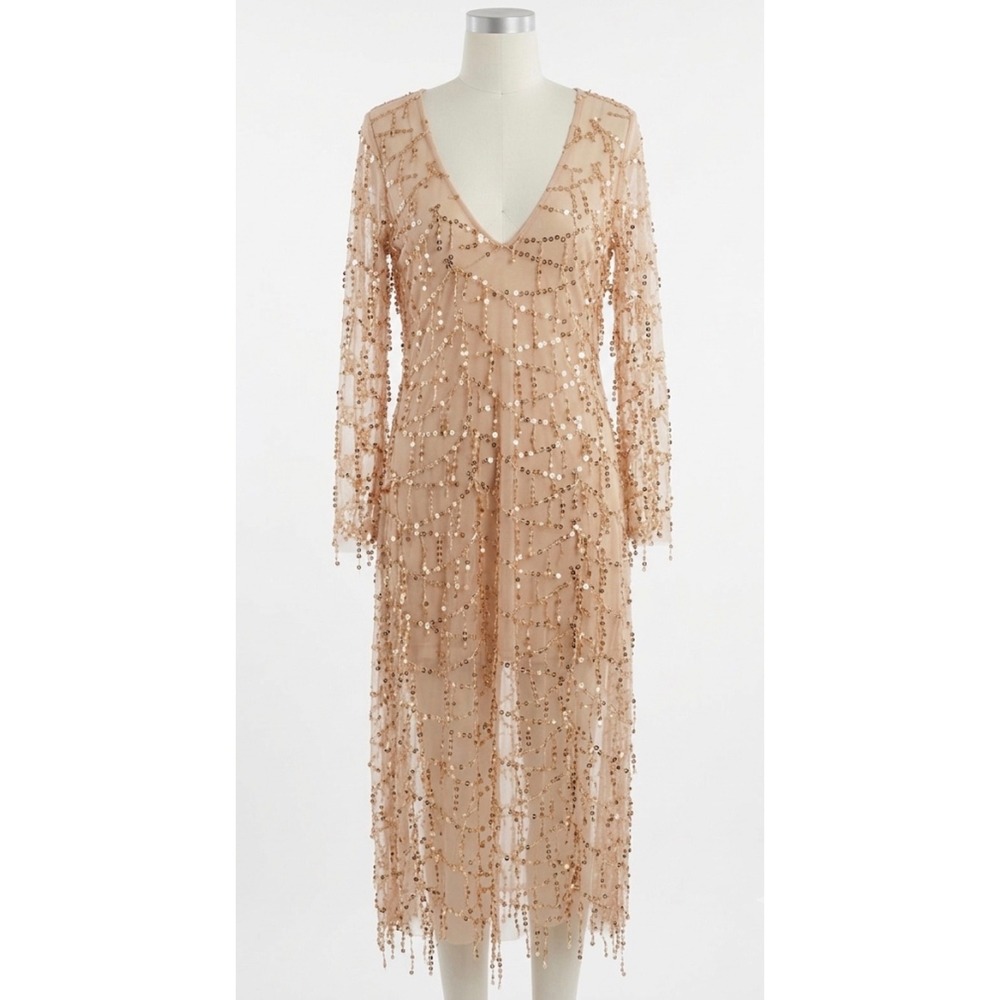 Gold Sequin Sheer Mesh Long Sleeve‎ Maxi Dress Size M Slit Gatsby Festival Sexy